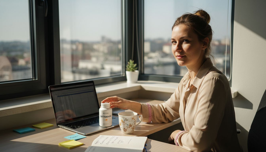 Жена в офис се протяга към кутийка с хранителни добавки на бюрото си.