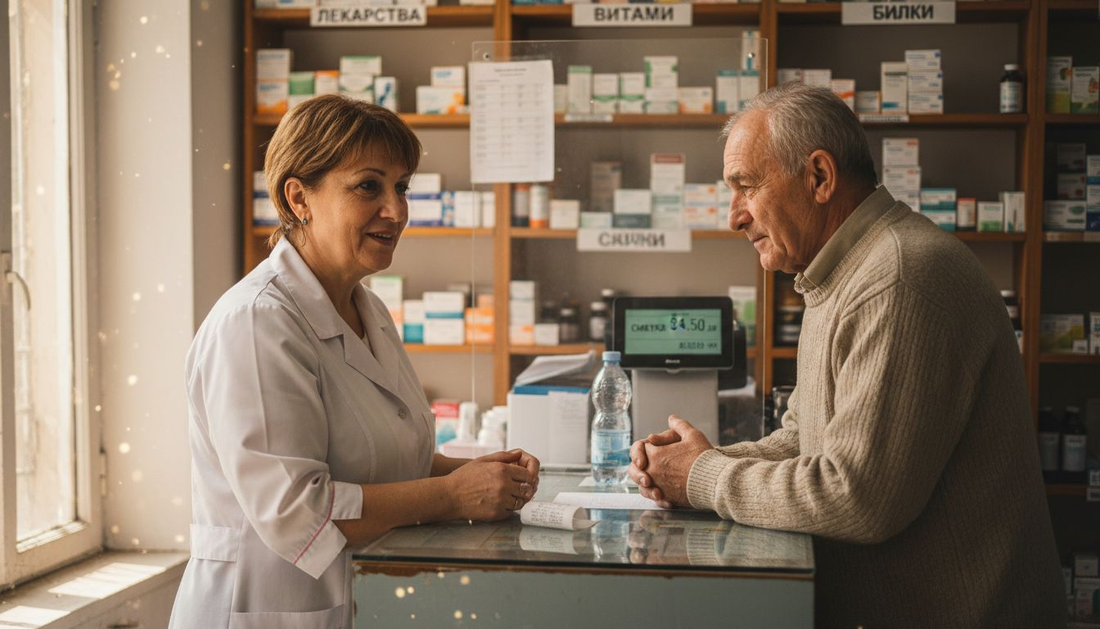 В аптеката фармацевтът дава професионални съвети на клиент относно лекарства и здравословни продукти.