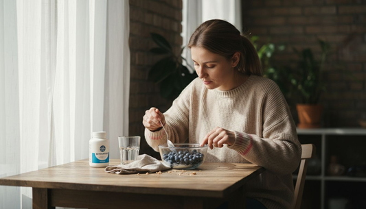 Млада жена започва деня си със закуска от кисело мляко и свежи плодове.