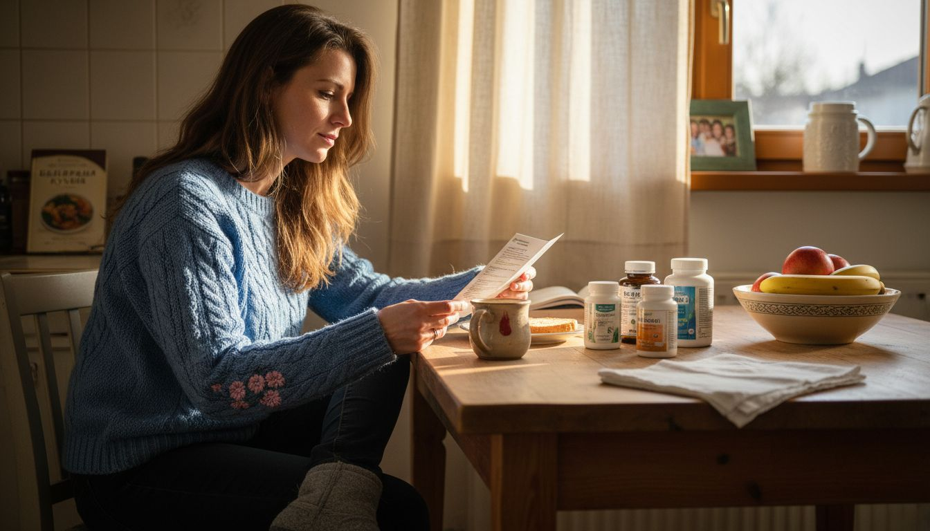 Жена, която се интересува от най-новите тенденции при хранителните добавки и ги проучва внимателно.