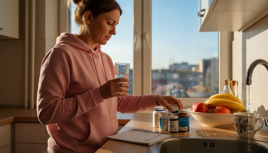 Жена избира хранителни добавки в светлата си кухня.