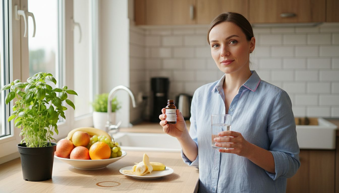 Жена си приема пробиотиците в домашната кухня.