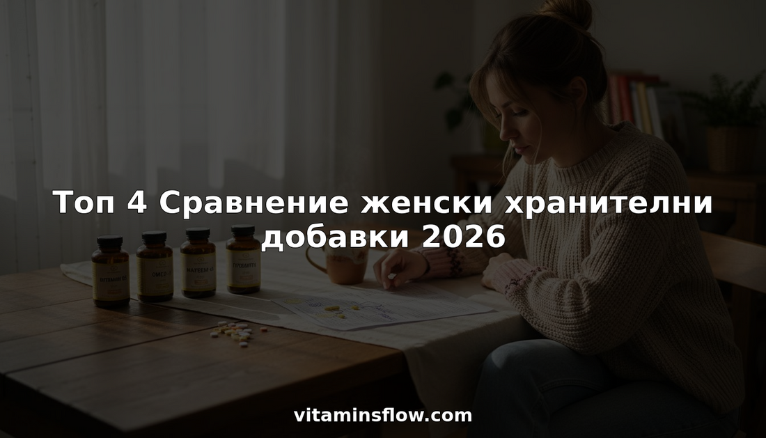 Жена разглежда и сравнява различни хранителни добавки, седнала на масата в кухнята си.