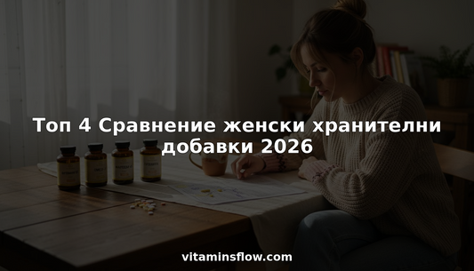 Жена разглежда и сравнява различни хранителни добавки, седнала на масата в кухнята си.