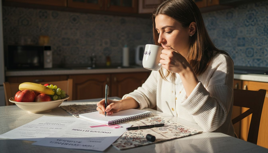 Жена си води здравен дневник, седнала на кухненската маса.