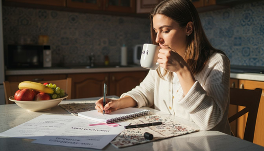 Жена си води здравен дневник, седнала на кухненската маса.