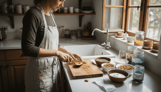 Жена приготвя здравословни храни в светлата си домашна кухня, огряна от слънце.