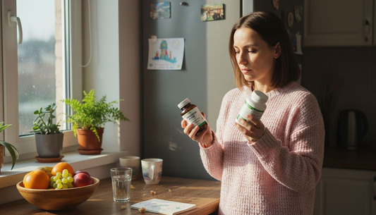 Жена стои в кухнята и внимателно разглежда различни видове пробиотици, сравнявайки опаковките и съставките им.