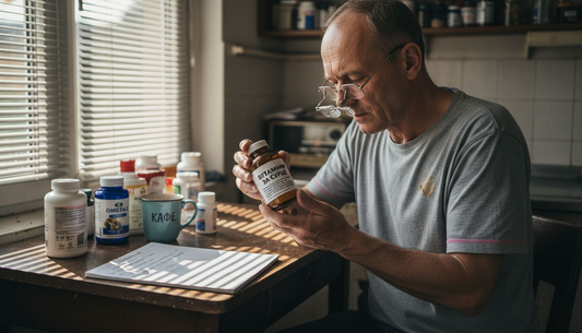 Мъж седи на кухненската маса и внимателно чете етикета на хранителна добавка.