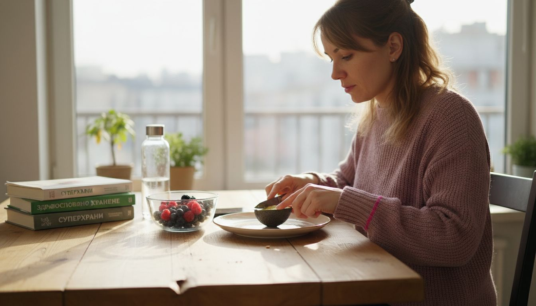 Жена приготвя свежа и здравословна храна на кухненската маса.