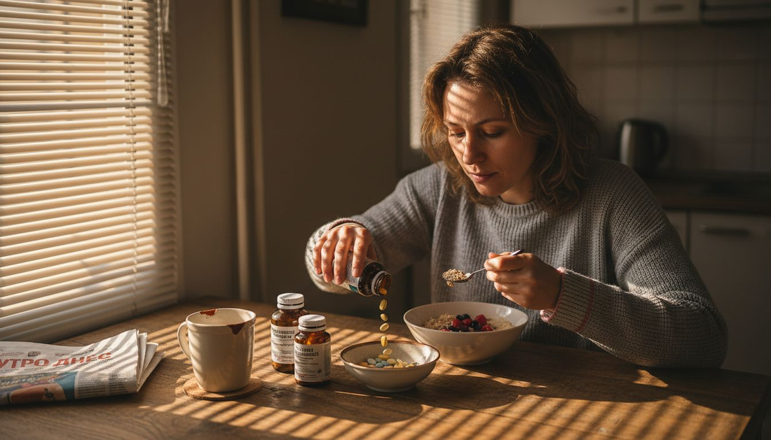 Жена подготвя хранителните си добавки, докато закусва.