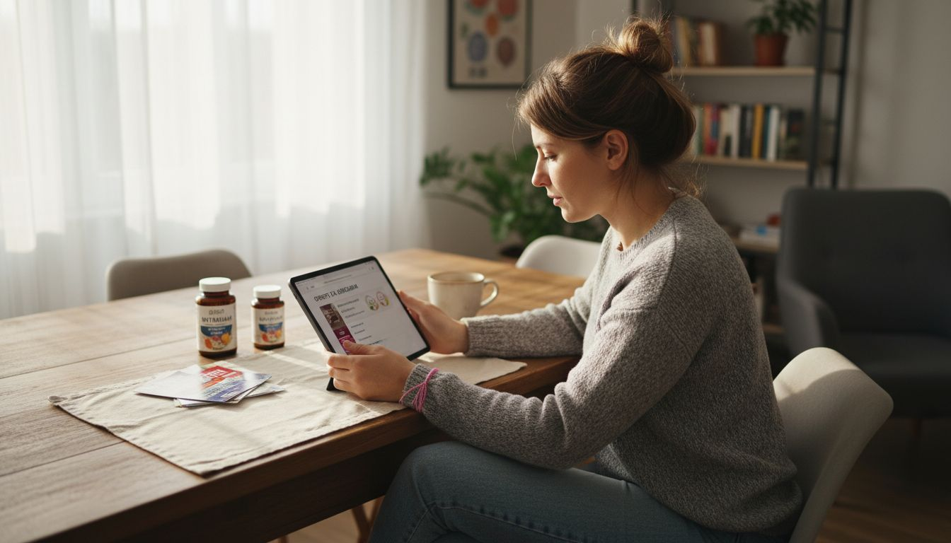 Жена разглежда различни хранителни добавки на масата у дома, обмисляйки кой продукт би ѝ бил най-полезен.