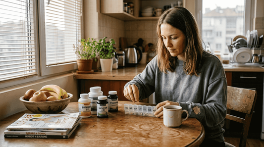 Жена внимателно нарежда различни натурални добавки върху масата.