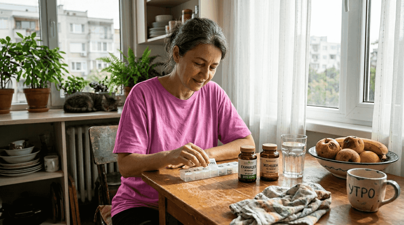 Жена подготвя билкови добавки върху кухненската маса, като внимателно съчетава различни растения и подправки, за да създаде натурални смеси за здравето на семейството си.