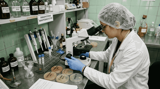 Лаборант наблюдава развитието на бактериални култури под микроскопа.