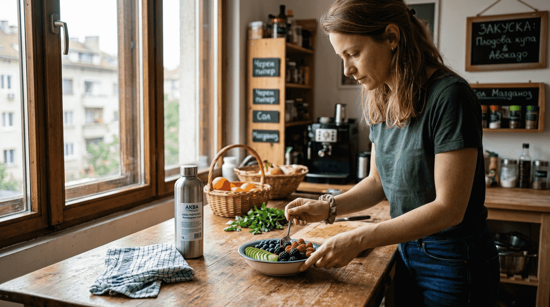 Домакиня нарежда купа с пресни плодове върху кухненската маса.