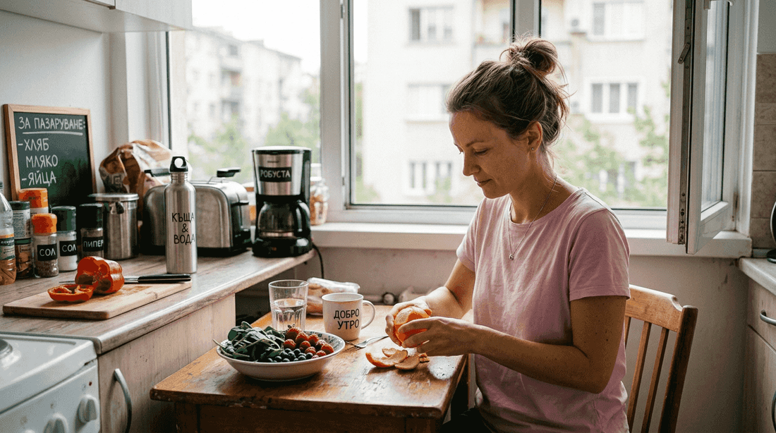 Жена нарязва пресни плодове и зеленчуци за сутрешната закуска.