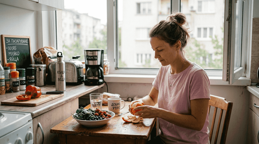 Жена нарязва пресни плодове и зеленчуци за сутрешната закуска.