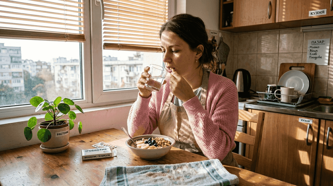Жена започва деня си, като взема пробиотика си в кухнята.