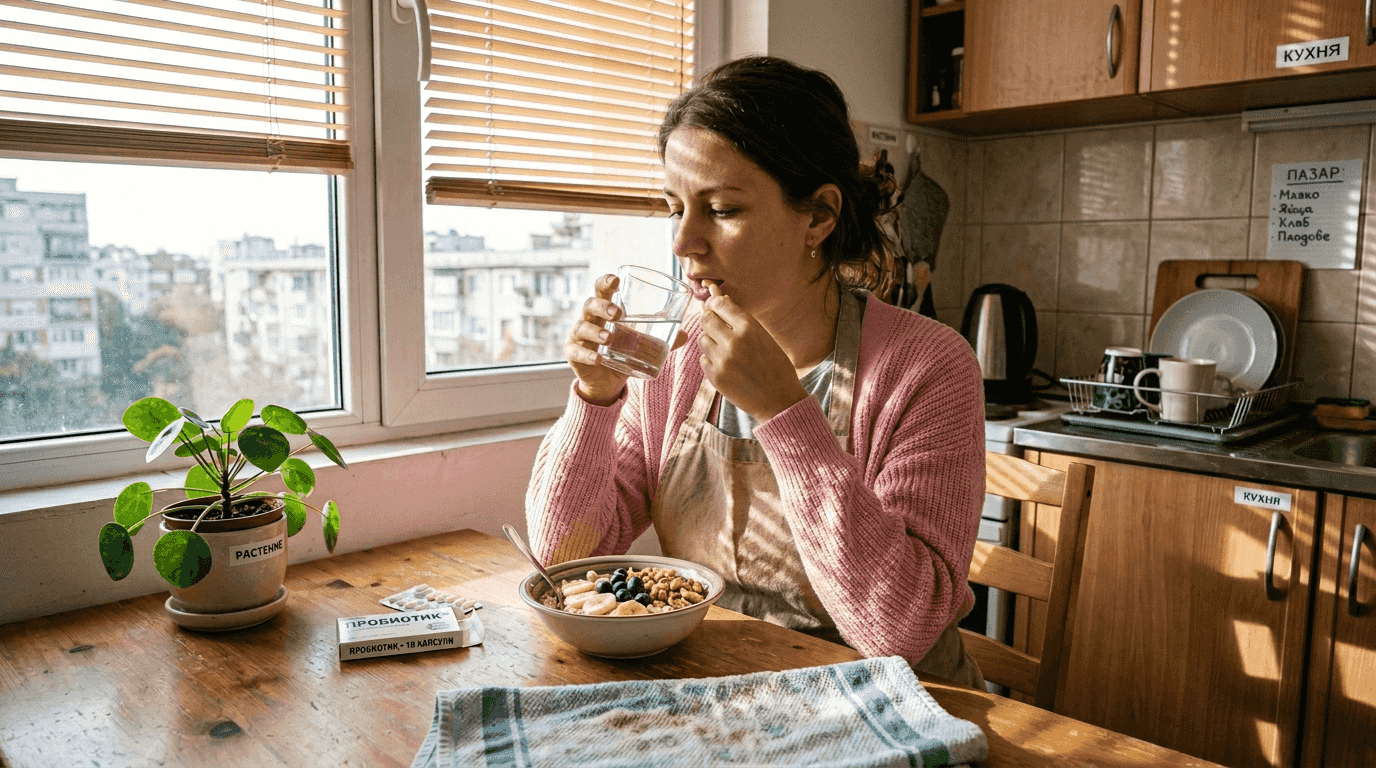 Жена започва деня си, като взема пробиотика си в кухнята.