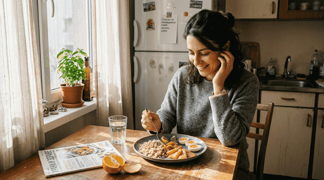 Жена приготвя здравословно ястие, богато на протеини.