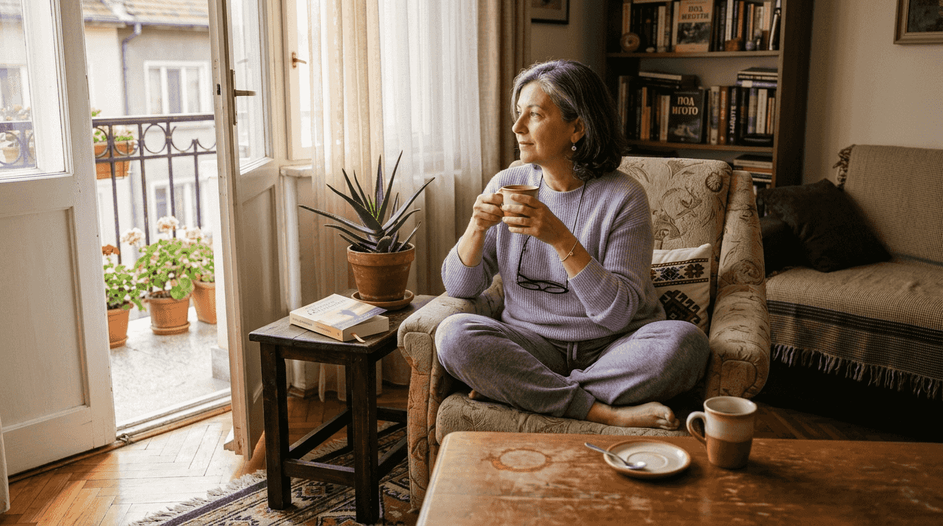 Жена на средна възраст се наслаждава на спокойствието и уюта на своя дом.