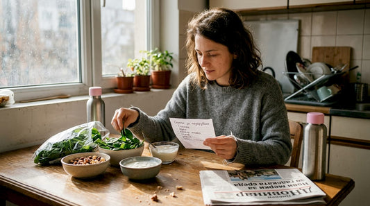 Жена подрежда здравословни продукти на масата