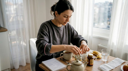 Жена размишлява дали да включи натурални добавки към закуската си.