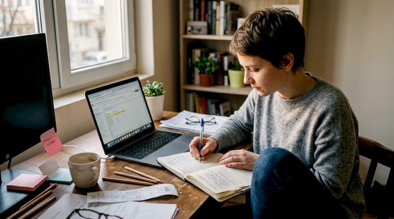 Жена работи от вкъщи и си записва важни неща в домашния си офис.