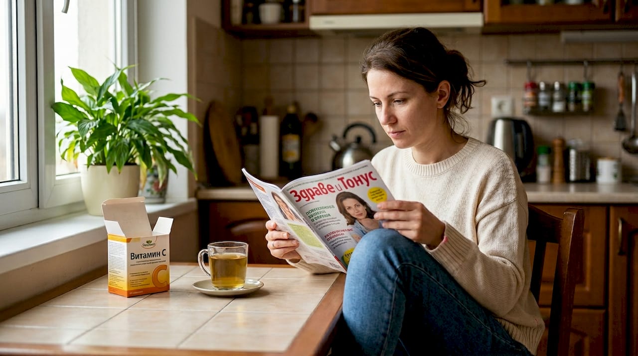 Жена е седнала на кухненската маса и разлиства списание.