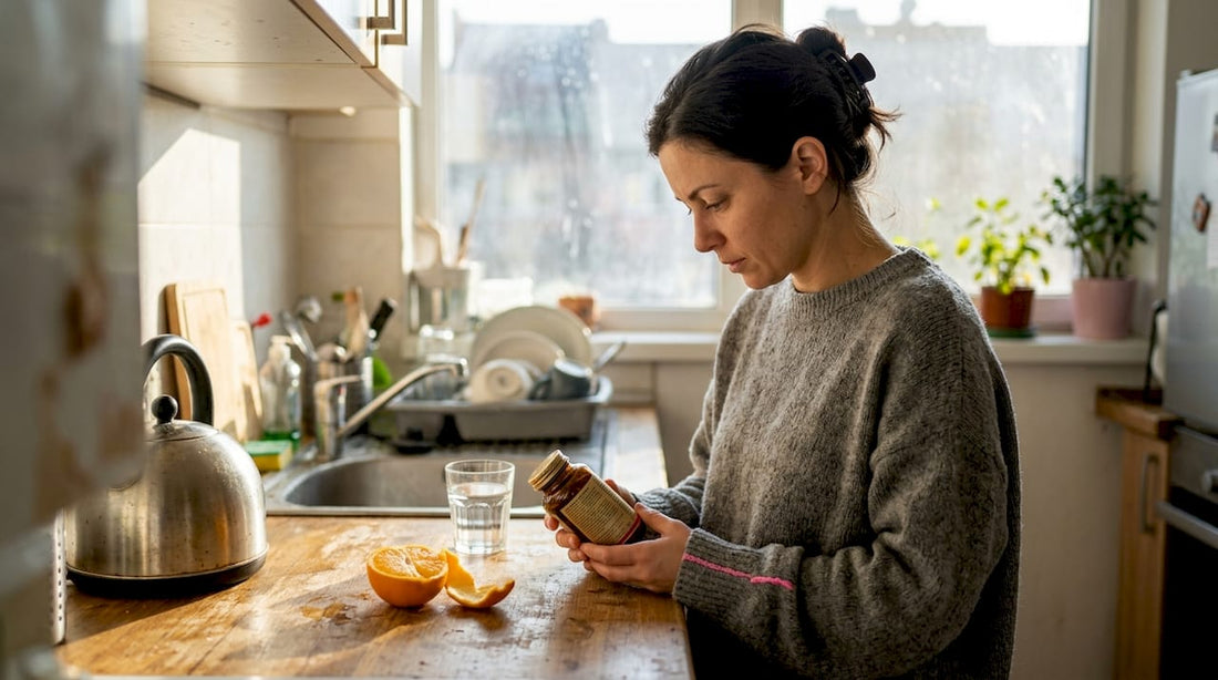 Жена разглежда етикета на хранителна добавка, докато стои в светлата си кухня.
