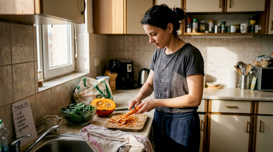 Жена приготвя свежи зеленчуци в домашната си кухня.