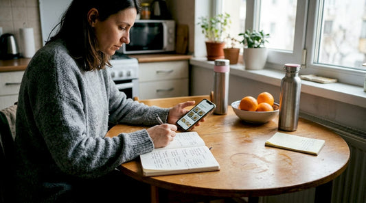 Жена обмисля здравословното си меню, седнала на кухненската маса и планира кои ястия ще включи в седмицата.
