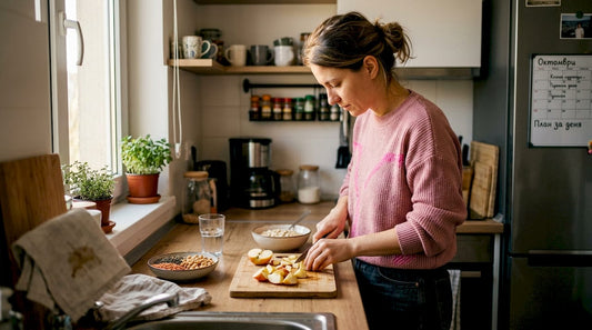 Жена приготвя здравословно ястие, богато на фибри, в домашната кухня.