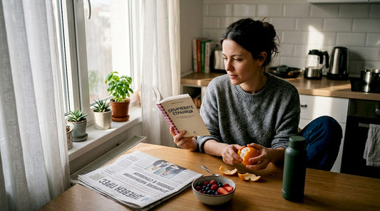 Жена е седнала на маса, отрупана с плодове, и чете на спокойна светлина.