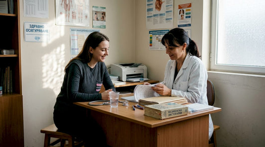 Жена споделя притесненията си за здравето с лекар по време на преглед.