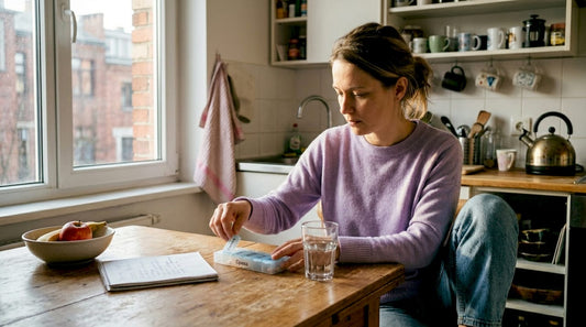 Жена подрежда хранителни добавки на кухненската маса.