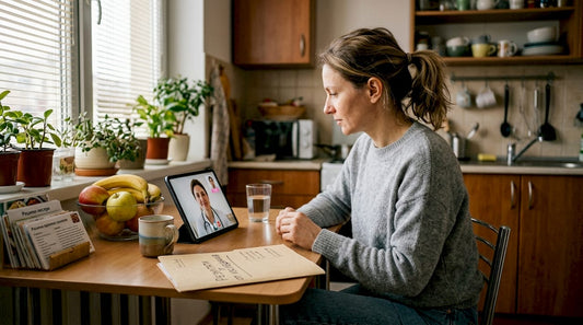 Жена разглежда здравната си застраховка, докато е в кухнята у дома.