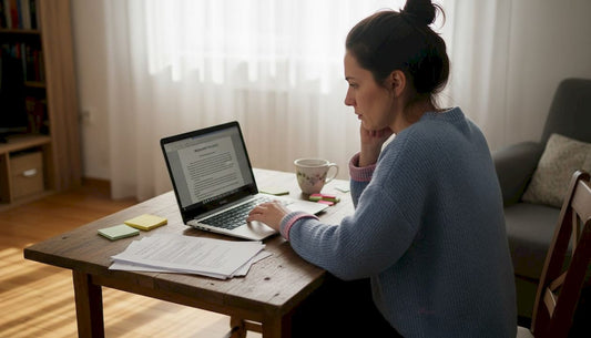 Жена преглежда свои здравни записки на бюрото у дома.