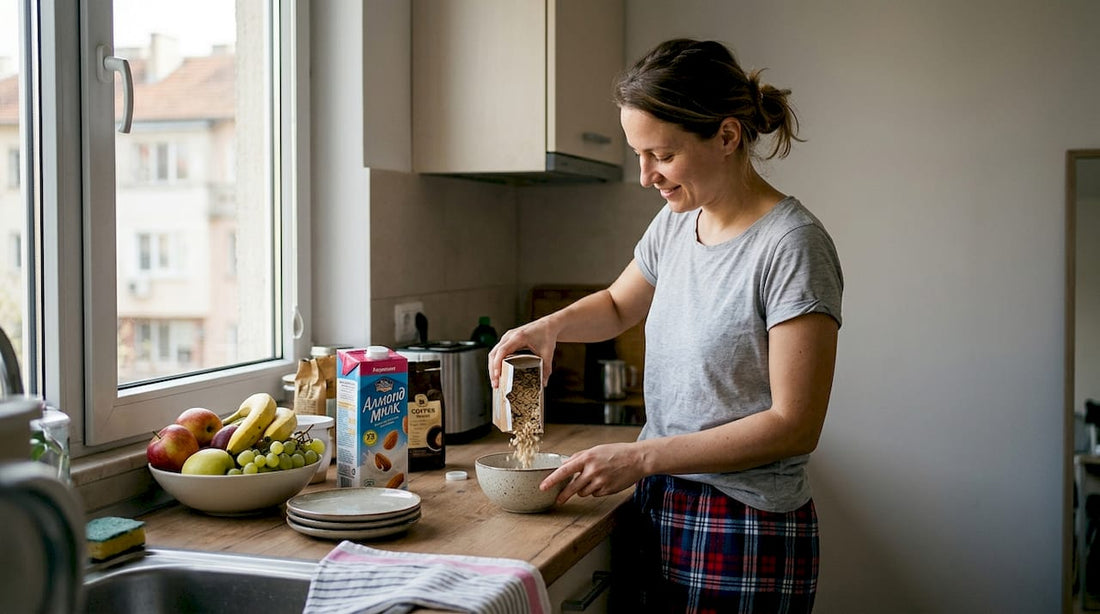 Жена приготвя здравословна закуска в уютната си домашна кухня.