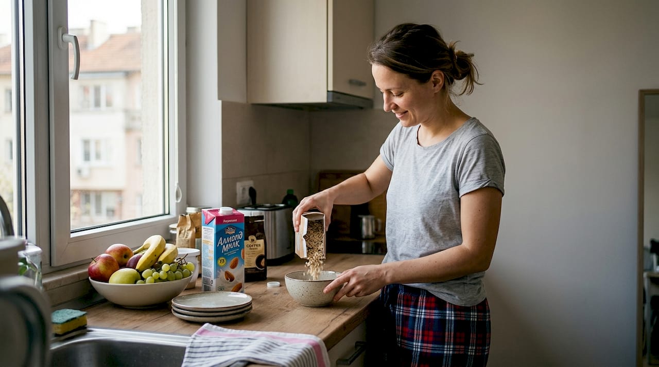 Жена приготвя здравословна закуска в уютната си домашна кухня.