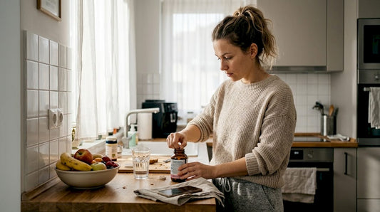 Жена разглежда внимателно етикета на пробиотик, докато слънцето огрява уютната ѝ кухня.