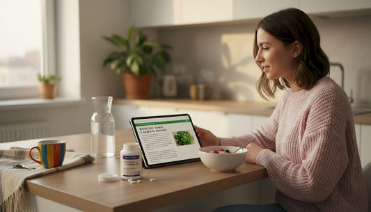 Жена преглежда информация за магнезия на своя таблет