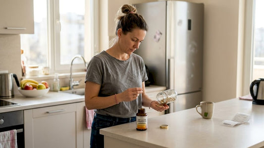 Жена подготвя хранителни добавки в домашната си кухня.