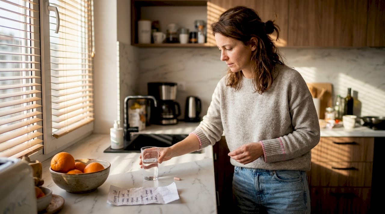 Жена си почива в уютната кухня, докато приема добавка с магнезий.