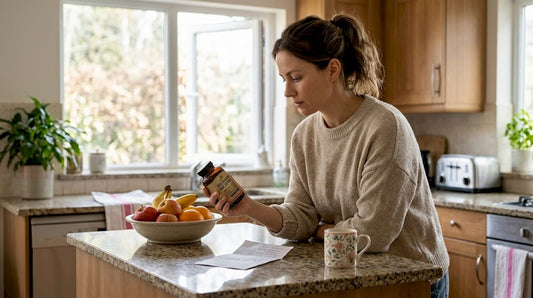 Жена разглежда внимателно етикета на добавка с фолиева киселина.