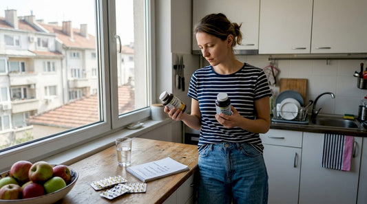 Жена внимателно разглежда различни опаковки с омега-3 добавки в кухнята си, опитвайки се да избере най-подходящата за себе си.