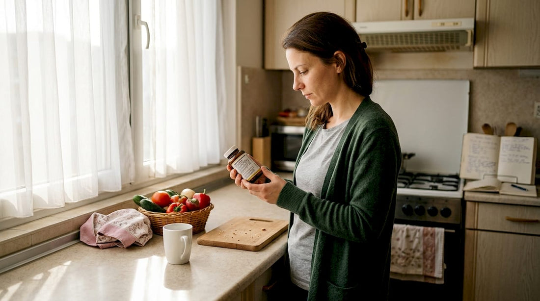 Жена стои в кухнята и внимателно разглежда етикета на хранителна добавка.