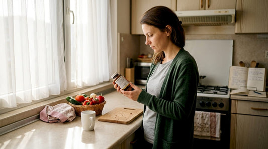 Жена стои в кухнята и внимателно разглежда етикета на хранителна добавка.