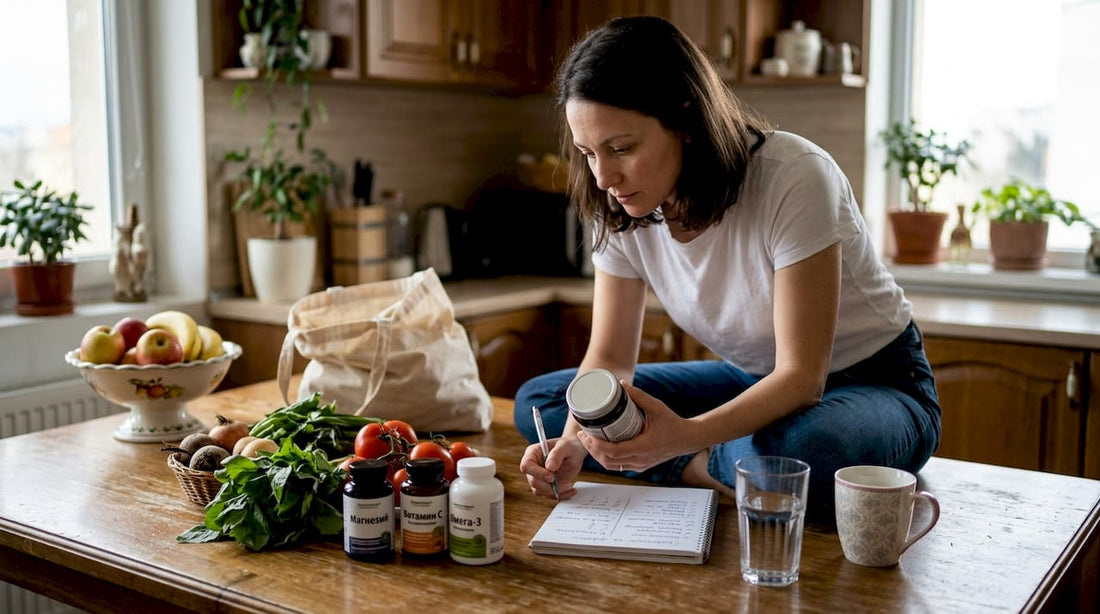 Жена разглежда опаковки с хранителни добавки, подредени на кухненската маса.
